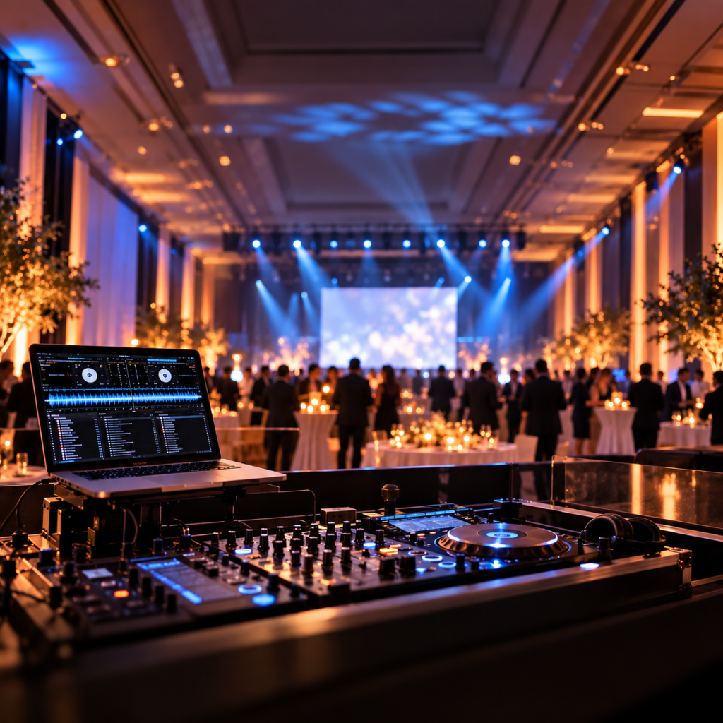 Installation DJ et sonorisation pour un événement d'entreprise à Nice, avec éclairage professionnel et régie musicale